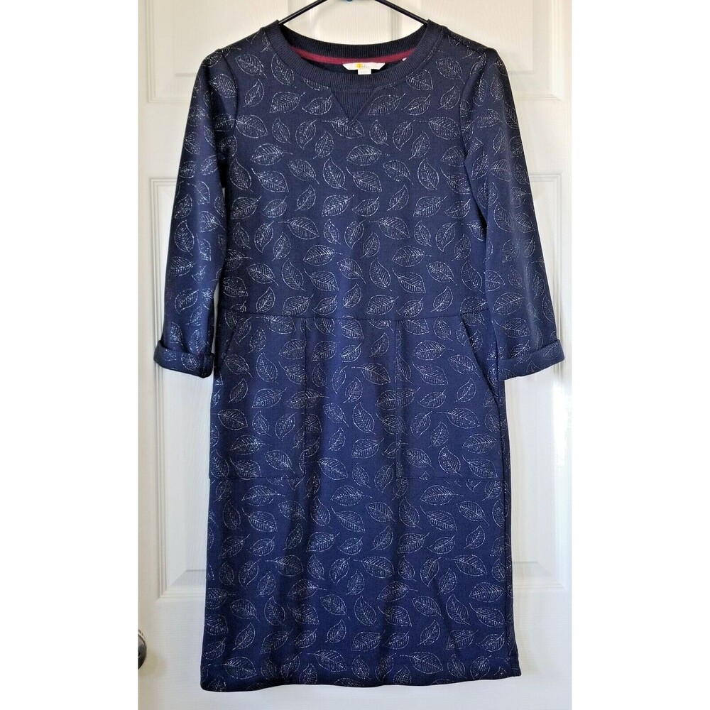 BODEN Navy-Blue Sweatshirt Dress Silver Metallic Leaf Print 3/4 Sleeve Size 2R